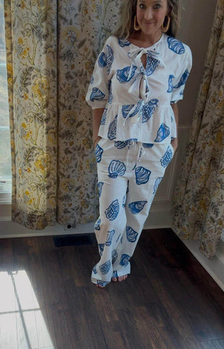 SEASHELL PRINT RELAXED PANTS WITH DRAWSTRING - Dear GigiXS