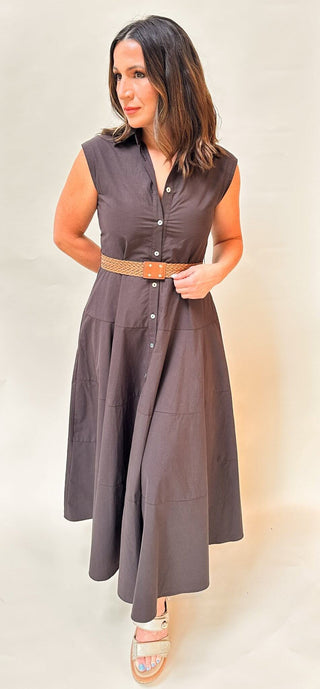 Taylor Cocoa Poplin Sleeveless Belted Midi Dress - Dear GigiS