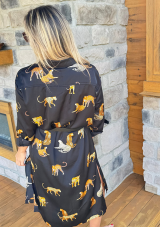 black satin-type cheetah print button down midi dress