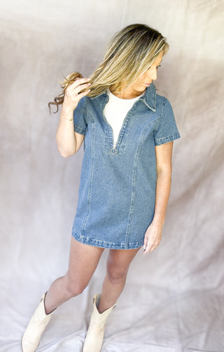 Washed Denim Zipped Mini Dress