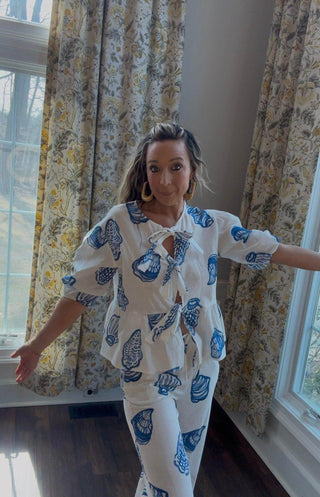 Blue Seashell Open Front Tie Pellum Top - Dear GigiXS