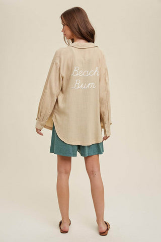 BEACH BUM EMBROIDERED GAUZE SHIRT WITH RAW EDGE - Dear GigiSmall