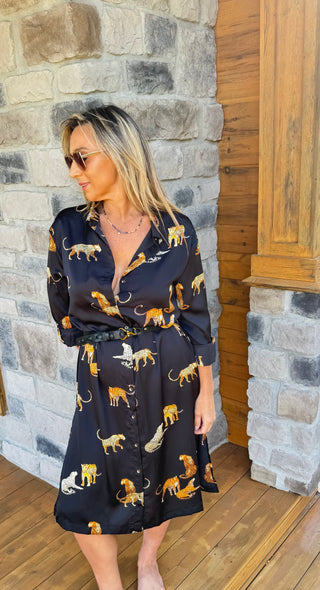 black satin-type cheetah print button down midi dress