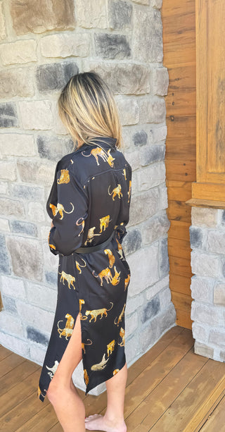 black satin-type cheetah print button down midi dress