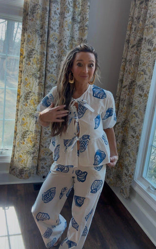 Blue Seashell Open Front Tie Pellum Top - Dear GigiXS