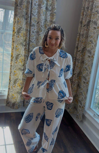 Blue Seashell Open Front Tie Pellum Top - Dear GigiXS