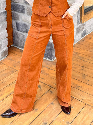 mocha brown denim vest and straight leg pant set
