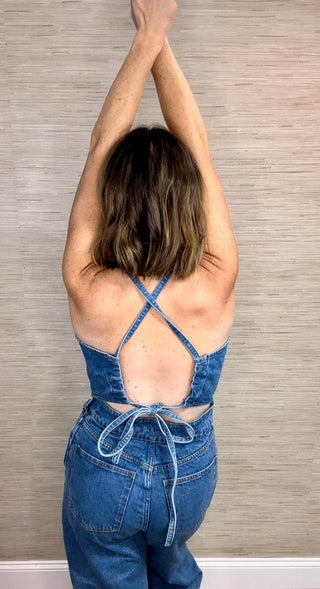 Halter Denim Straight Leg Jumpsuit - Dear GigiSmall