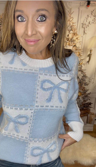 Blue Check Bow Sweater - Dear GigiS