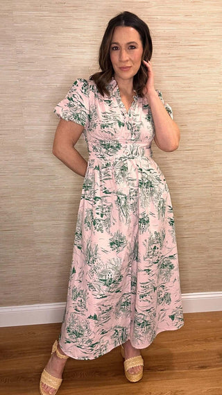 Toile Charm Pink & Green Dress - Dear GigiSmallPink