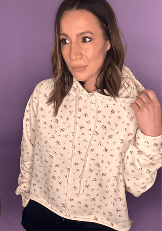 Delicate Peony Floral Print Cropped Hoodie - Dear GigiS