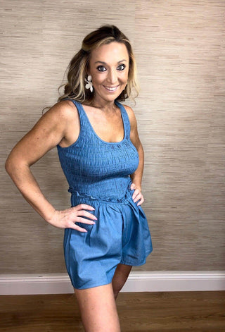 Blue Ruched Short Romper - Dear GigiSmall