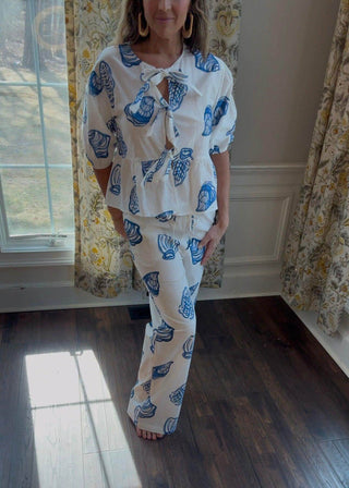 SEASHELL PRINT RELAXED PANTS WITH DRAWSTRING - Dear GigiXS