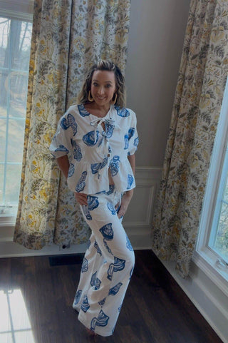 Blue Seashell Open Front Tie Pellum Top - Dear GigiXS