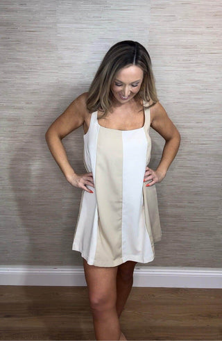 LINEN COLOR BLOCK SLEEVELESS A - LINE MINI DRESS - Dear GigiSmall