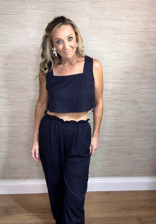 Navy linen Crop Top and Loose Pant Set - Dear GigiSmall
