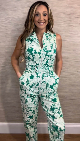 WOVEN TWILL FLORAL ZIP UP JUMPSUIT - Dear GigiXSGreen
