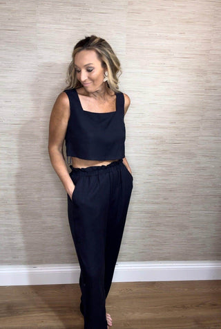 Navy linen Crop Top and Loose Pant Set - Dear GigiSmall