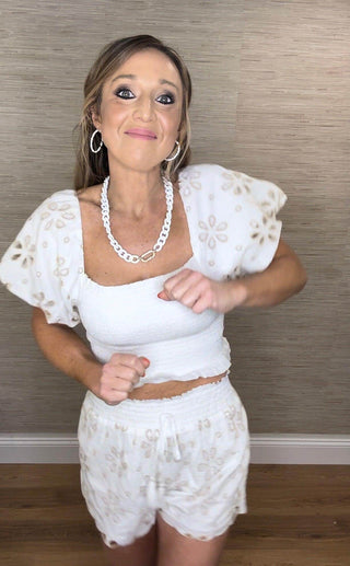 Ivory w/ Tan Floral Eyelet Puff Sleeve - Dear GigiSmall