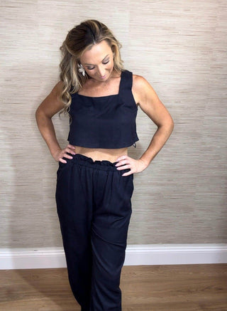 Navy linen Crop Top and Loose Pant Set - Dear GigiSmall
