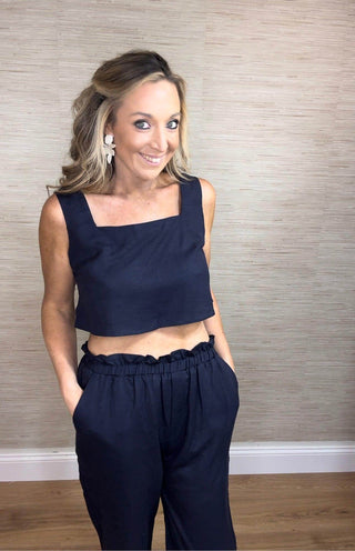 Navy linen Crop Top and Loose Pant Set - Dear GigiSmall