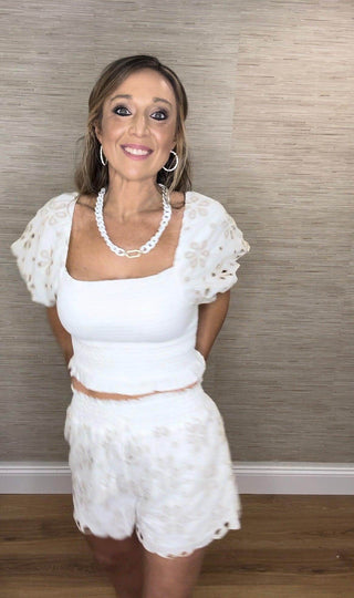 Ivory w/ Tan Floral Eyelet Puff Sleeve - Dear GigiSmall