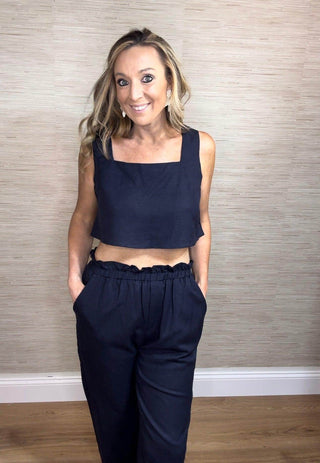 Navy linen Crop Top and Loose Pant Set - Dear GigiSmall