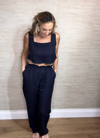 Navy linen Crop Top and Loose Pant Set - Dear GigiSmall