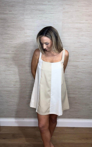 LINEN COLOR BLOCK SLEEVELESS A - LINE MINI DRESS - Dear GigiSmall