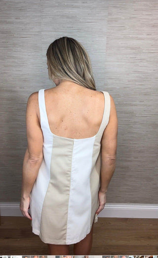 LINEN COLOR BLOCK SLEEVELESS A - LINE MINI DRESS - Dear GigiSmall
