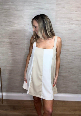 LINEN COLOR BLOCK SLEEVELESS A - LINE MINI DRESS - Dear GigiSmall