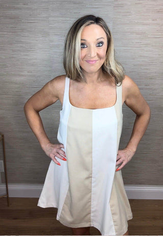 LINEN COLOR BLOCK SLEEVELESS A - LINE MINI DRESS - Dear GigiSmall