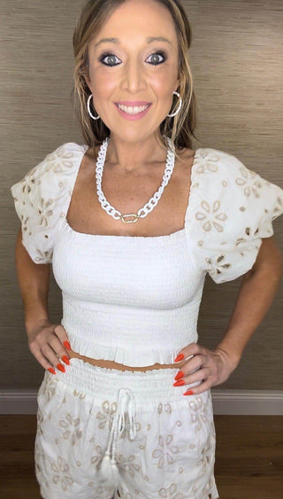 Ivory w/ Tan Floral Eyelet Shorts - Dear GigiSmall