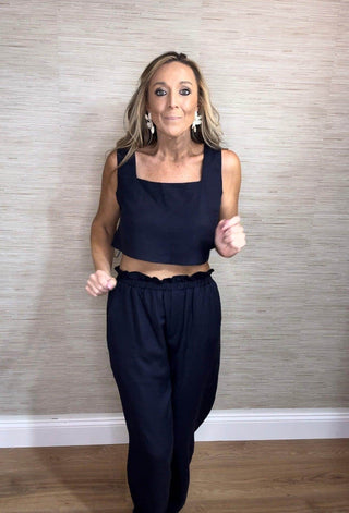 Navy linen Crop Top and Loose Pant Set - Dear GigiSmall