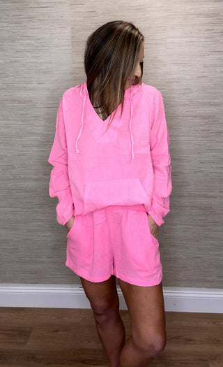 Hot Pink Gauze Hoodie and Short Set with Cinch Waist - Dear GigiSmall