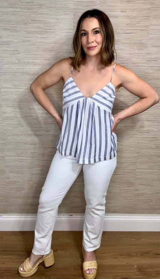 Nautical striped v neck metallic tank