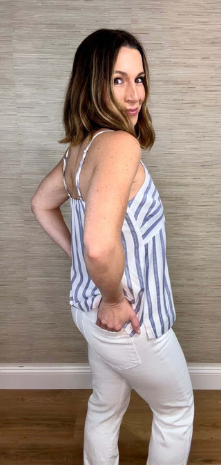 Nautical striped v neck metallic tank