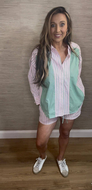 Pink and Green Short and Button Up Set - Dear GigiS