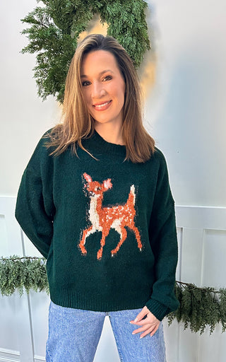 women's dark green oversized sweater with baby deer graphic
