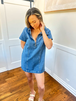 Washed Denim Zipped Mini Dress - Dear GigiSmall