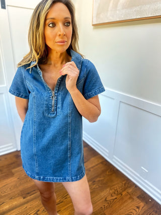Washed Denim Zipped Mini Dress - Dear GigiSmall