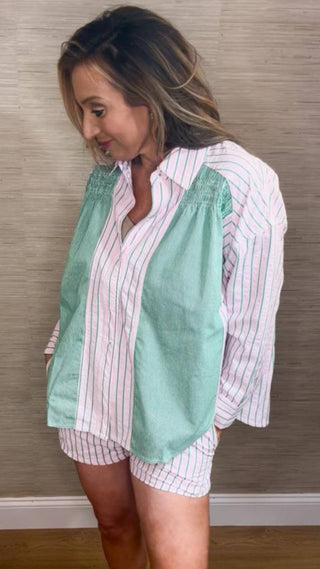 Pink and Green Short and Button Up Set - Dear GigiS