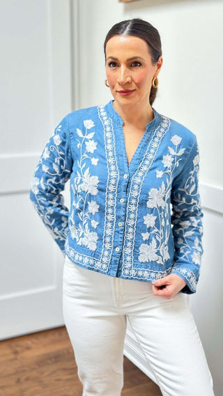 Floral Light Denim Blouse - Dear GigiS