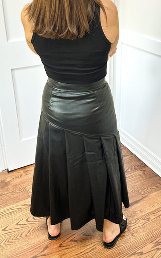 Black Faux Leather Pleated Midi Skirt - Dear GigiS