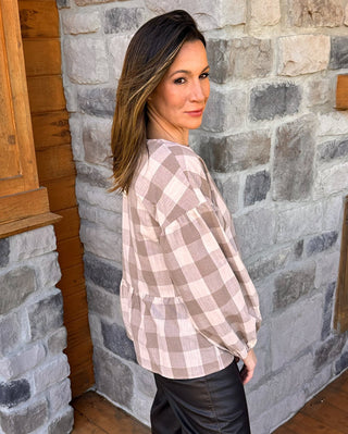 Peplum Tan Buffalo Check Blouse - Dear GigiS