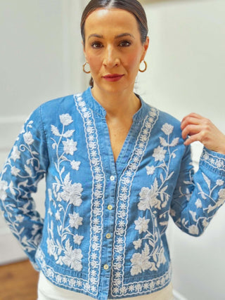 Floral Light Denim Blouse - Dear GigiS