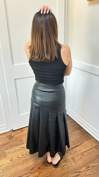 Black Faux Leather Pleated Midi Skirt - Dear GigiS
