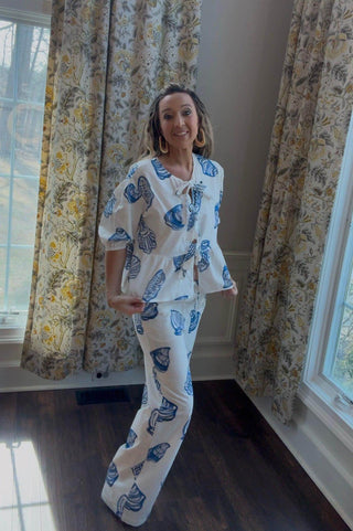 Blue Seashell Open Front Tie Pellum Top - Dear GigiXS