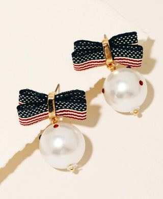 American Flag Ribbon and Pearl Charm Dangle Earring - Dear Gigi